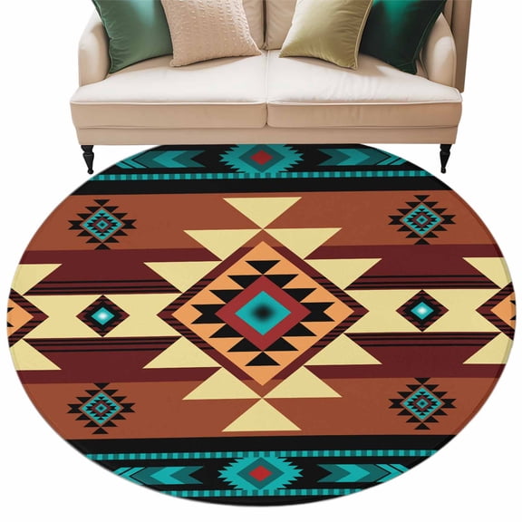 Turquoise Red Large Area Rugs for Bedroom Living Room, Soft Non Slip Carpet Bedside Rug, Southwest American Native Abstract Pattern Round Floor Cover Kitchen Accent Rug 6' for Dining Room/Office