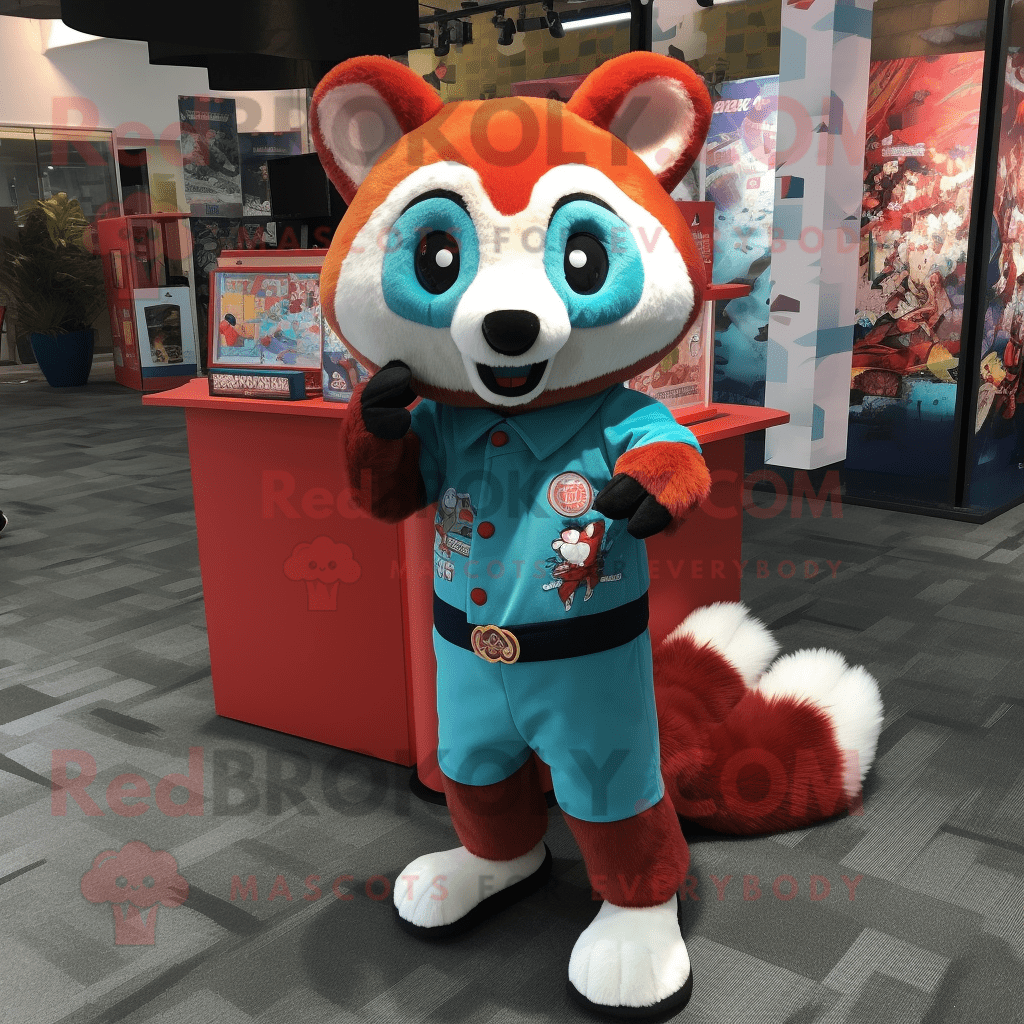 Turquoise Red Panda REDBROKOLY mascot costume character dressed with a ...