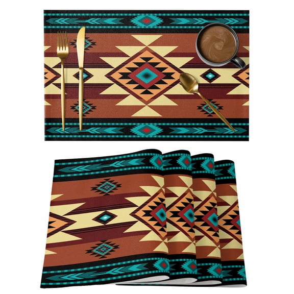 Turquoise Red Placemats Set of 12 Southwest American Native Abstract Pattern Place Mats Indoor Wipeable Table Mats Washable Dining Table Placemats for Kitchen Holiday Party Home Decor 13x19 Inch