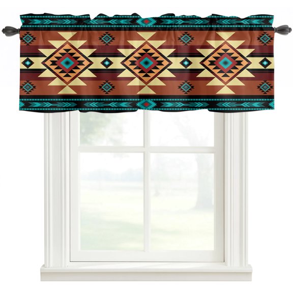Turquoise Red Rod Pocket Curtain Valance, Southwest American Native Abstract Pattern Farmhouse Window Valance for Living Room, Bedroom, Kitchen 60"W x 18"L