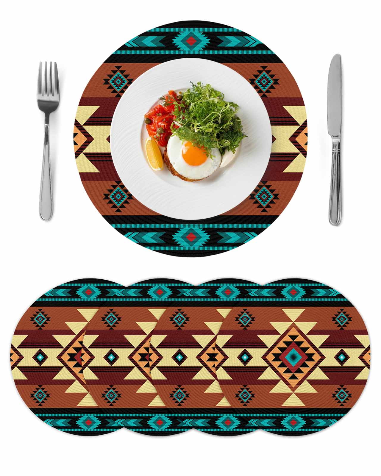 Turquoise Red Round 13 Inch Placemats Set of 4, Southwest American Native Abstract Pattern HeatResistant Non Slip Place Mats for Dining Table, Wipeable Braided Kitchen Table Mats for Housewarming