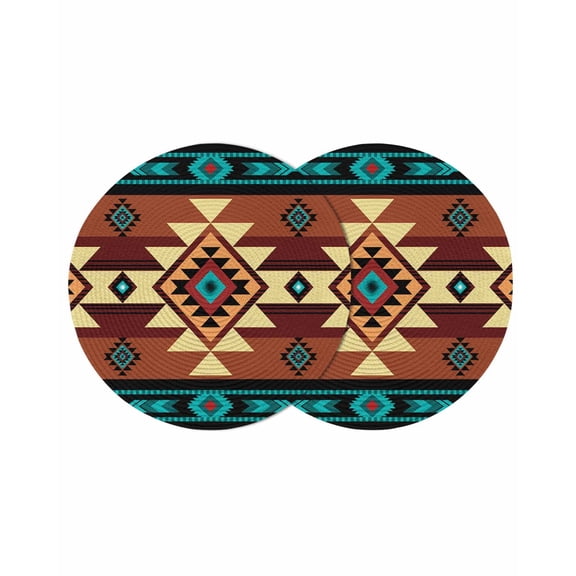 Turquoise Red Round 15 Inch Placemats Set of 2, Southwest American Native Abstract Pattern HeatResistant Non Slip Place Mats for Dining Table, Wipeable Braided Kitchen Table Mats for Housewarming