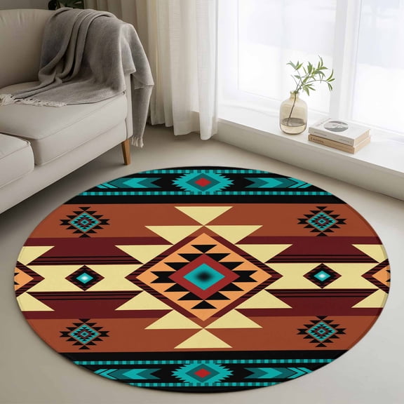 Turquoise Red Round Area Rug 4Ft, Non Slip Circle Area Rugs for Bedroom, Southwest American Native Abstract Pattern Low Pile Indoor Floor Carpet Door Mat for Kitchen Bathroom Entryway Nursery