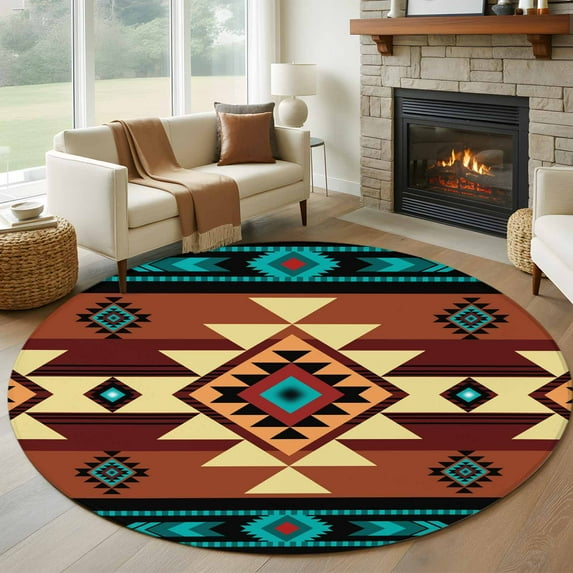 Turquoise Red Round Area Rug 6 FT, Non Slip Bedroom Area Rug, Southwest American Native Abstract Pattern Washable Soft Circular Carpet Floor Mat for Kitchen Dining Room Home Office Kids Room