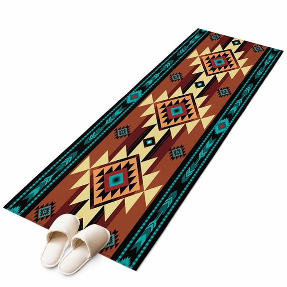 Turquoise Red Runner Rug 2x6 Washable Kitchen Rug Non-Slip Lightweight Thin Soft Low Pile Bathroom Runner Southwest American Native Abstract Pattern Carpet for Hallway Laundry Room Bedroom Entryway