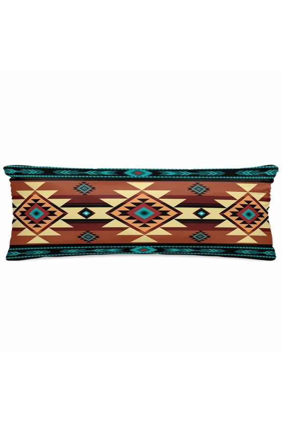 Turquoise Red Satin Pillowcase for Hair and Skin with Zipper, Soft Breathable Cooling Silk Pillow Cases, Southwest American Native Abstract Pattern Body Pillow Covers Bed Pillows 20"x54"