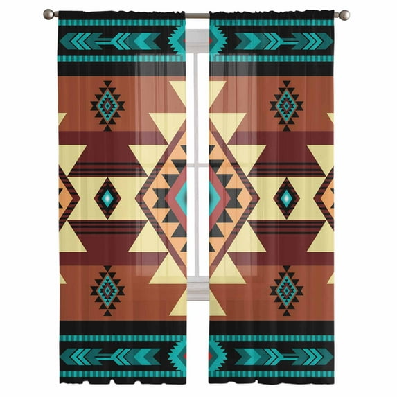 Turquoise Red Semi Sheer Curtains 108 Inch Length 2 Panels Set, Southwest American Native Abstract Pattern Sheer Kitchen Curtain Privacy Voile Window Curtain for Living Room Bedroom Rod Pocket Drapes