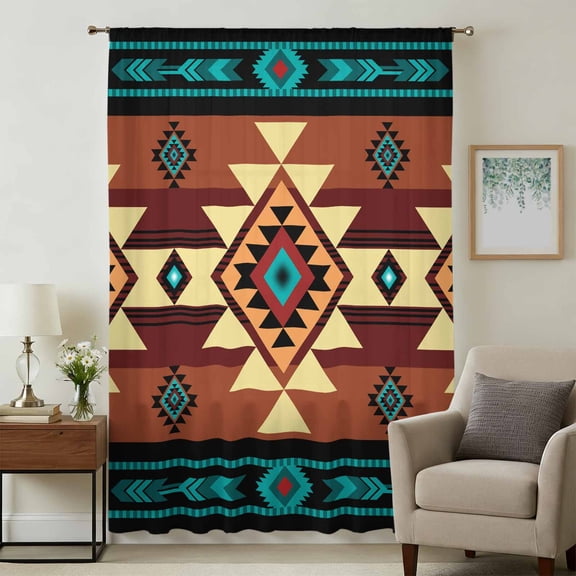 Turquoise Red Sheer Curtains 54 Inches Long, Southwest American Native Abstract Pattern Light Filering Curtains, Breathable Simi Curtain Privacy Drapes for Kitchen Bathroom Small Window Treatment