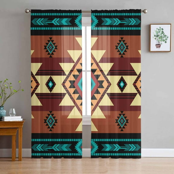 Turquoise Red Sheer Curtains 96 Inches Long 2 Panels Set, Window Sheer Curtains for Living Room/Bedroom, Southwest American Native Abstract Pattern Light Filtering Rod Pocket Curtain 52'' x 96'' x 2