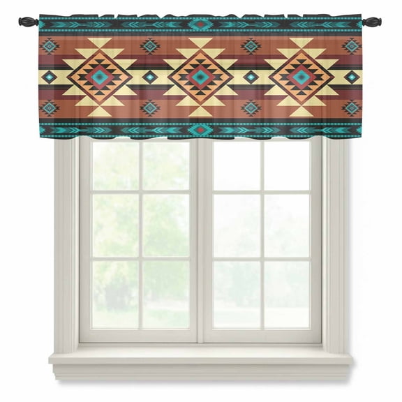 Turquoise Red Sheer Curtains Valances for Windows Southwest American Native Abstract Pattern Chiffon Kitchen Valances for Cafe, Voile Window Treatments Curtains for Living Room Bedroom, 54"x18"