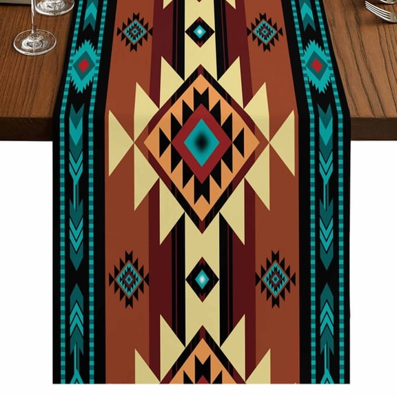Turquoise Red Short Table Runner 36 Inches Long,Southwest American Native Abstract Pattern Cotton Linen Table Runners Dresser Scarves,Tabletop Scarf Furniture Cover for Home Dinner Party 13"x36"