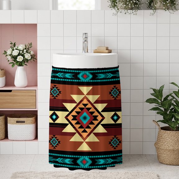 Turquoise Red Small Sink Skirt 10''x11'', Southwest American Native Abstract Pattern Bathroom Vanity Utility Cabinet Curtain, Kitchen Under Sink Laundry Privacy Drape Waterproof Closet Curtains