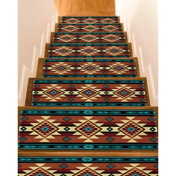 Turquoise Red Stair Treads for Wooden Steps Indoor Runner Rug Carpet, Southwest American Native Abstract Pattern 10 Pieces Peel and Stick Staircase Step Treads Covers Washable Throw Door Mats, 30"x8"