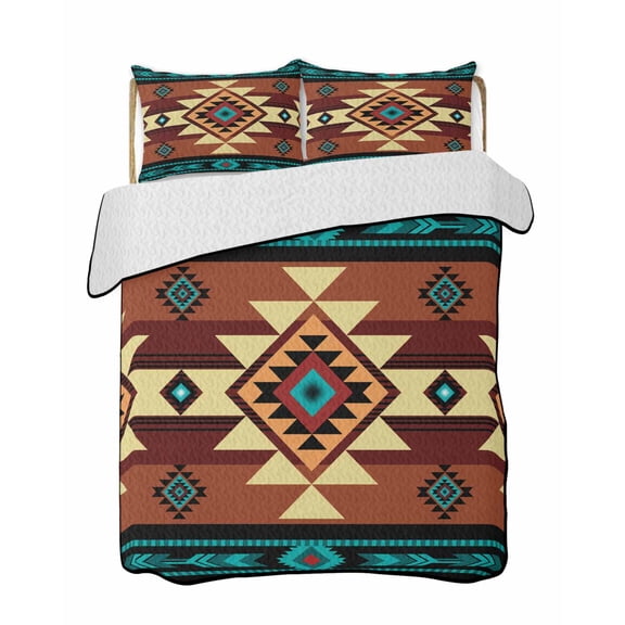 Turquoise Red Summer Quilt Set Queen Size,Soft Quilted Bedding Set with 2 Pillow Shams,Southwest American Native Abstract Pattern Lightweight All Season Bedspread Coverlet for Bedroom 90"x96"