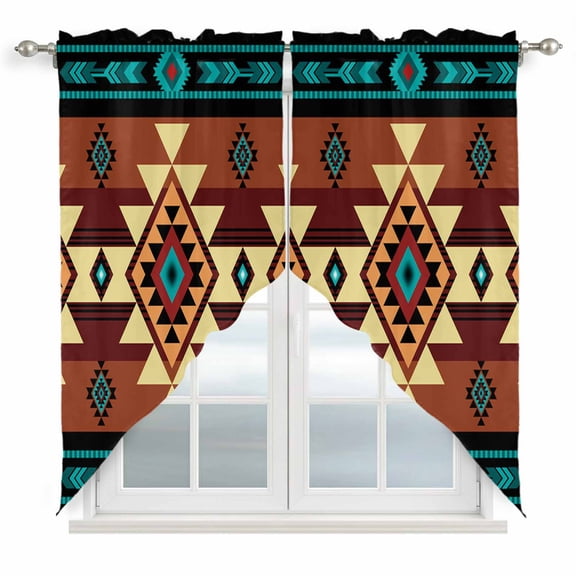 Turquoise Red Swag Curtain Valances, Southwest American Native Abstract Pattern Kitchen Valance for Window, Rod Pocket Topper Drapes for Bedroom Bathroom Basement 2 Panels Window Treatment 36"x45"