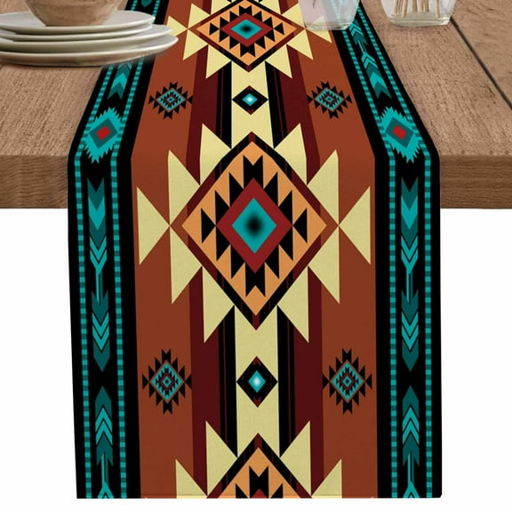 Turquoise Red Table Runner 90 Inches Long for Dining Table Decor,Southwest American Native Abstract Pattern Burlap Linen Farmhouse Table Runner Coffee Table Runners Dresser for Kitchen Party Holiday