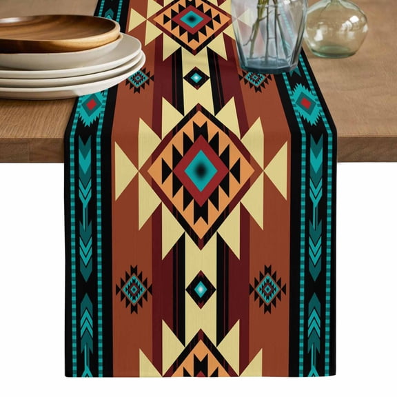 Turquoise Red Table Runner, Southwest American Native Abstract Pattern Washable Cotton Linen Table Runners 72 Inches Long, Dresser Scarf Runner for Dining/Coffee/Kitchen/TV Stands/Cabinets 13''x72''