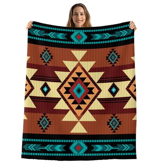 Turquoise Red Throw Blanket,Flannel Fleece Blanket with Striped Design for Couch,Southwest American Native Abstract Pattern Soft Breathable All Season Plush Blankets for Sofa Office Car Seat 40"x60"