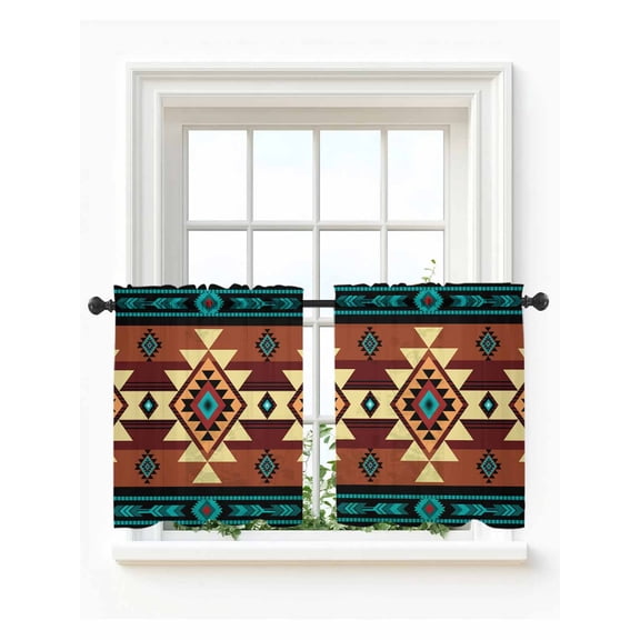 Turquoise Red Tier Curtains 24 Inch Length,Sheer Curtains for Bedroom Living Room Window Southwest American Native Abstract Pattern Voile Drapes Kitchen Curtains Small Half Window 27.5"x24" 2 Panels