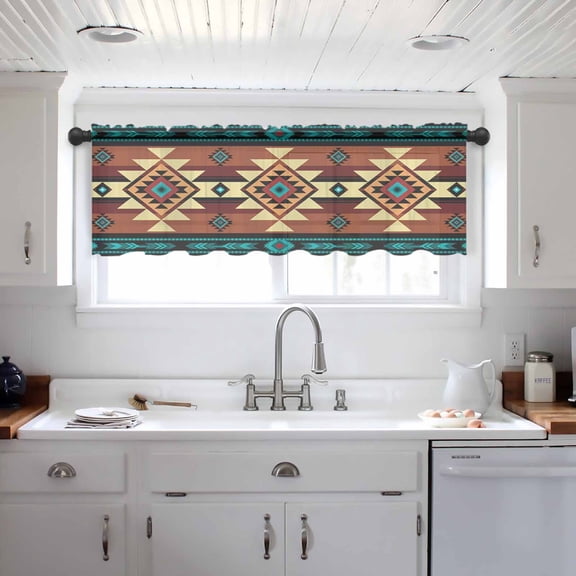 Turquoise Red Valance Curtains for Kitchen/Living Room/Bathroom/Bedroom Window, Southwest American Native Abstract Pattern Rod Pocket Small Topper Half Short Window Curtains Sheer Scarf 42"x18"