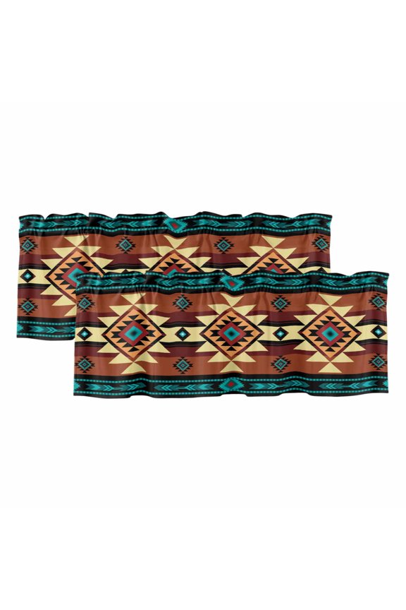 Turquoise Red Valances for Windows, Light Filtering Kitchen Curtain Valances 2 Panels, Southwest American Native Abstract Pattern Rod Pocket Short Window Treatments for Living Room Bedroom 42"Wx12"L