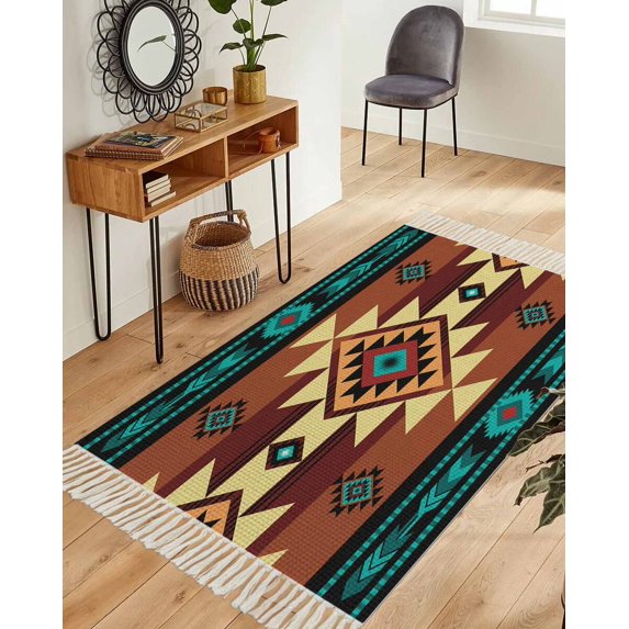 Turquoise Red Washable Area Rug 3'x5',Southwest American Native Abstract Pattern Woven Cotton Tassels Kitchen Rugs,Non Slip Indoor Door Mat Throw Carpet for Entryway Living Room Nursery Laundry Room
