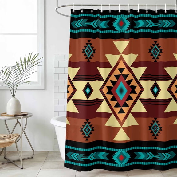 Turquoise Red Waterproof Shower Curtain, Large 72"x78" Washable Polyester Fabric Shower Curtains for Bathroom, Southwest American Native Abstract Pattern Decorative Bathtub Curtain Sets with Hooks