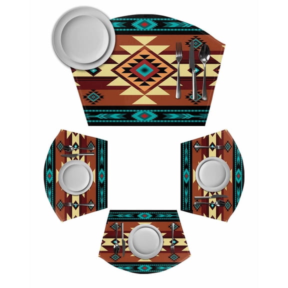 Turquoise Red Wedge Shaped Placemats Set of 2, Cotton Linen Fan Place Mats, Southwest American Native Abstract Pattern Washable Table Mats for Holiday Wedding Party Dinning Coffee Tables 11.8"x17.5"