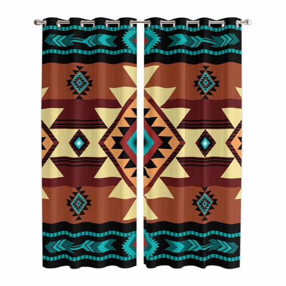 Turquoise Red Window Curtains Panels with Silver Grommet,Southwest American Native Abstract Pattern Kitchen Cafe Curtain Draperies Window Treatment Set for Living Room/Bedroom/Bathroom/Cafe,104x96