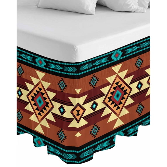 Turquoise Red Wrap Around Bed Skirts for King Bed 16" Drop,Bed Skirt with Adjustable Elastic Belt Dust Ruffle Bed Valance for Bedroom Hotel Southwest American Native Abstract Pattern Bed Frame Cover