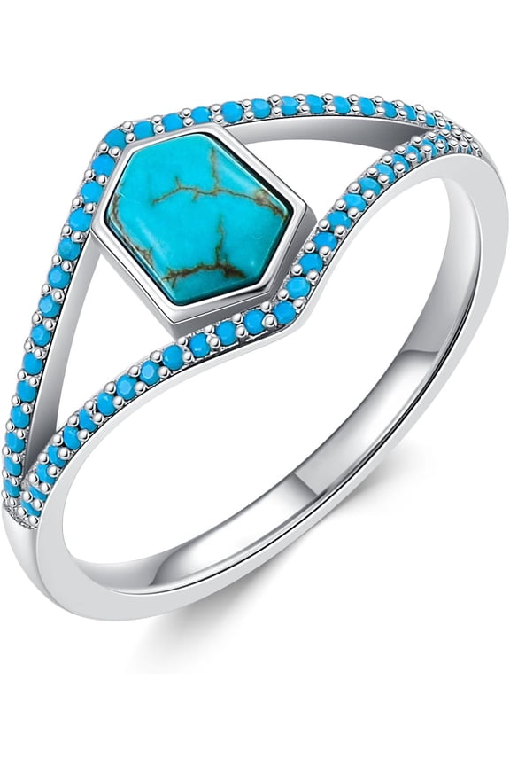 Turquoise Ring for Women 925 Sterling Silver Genuine Natural Pentagon Turquoise Vintage Boho Statement Ring Ladies Jewelry Birthday Gift for Women Mother