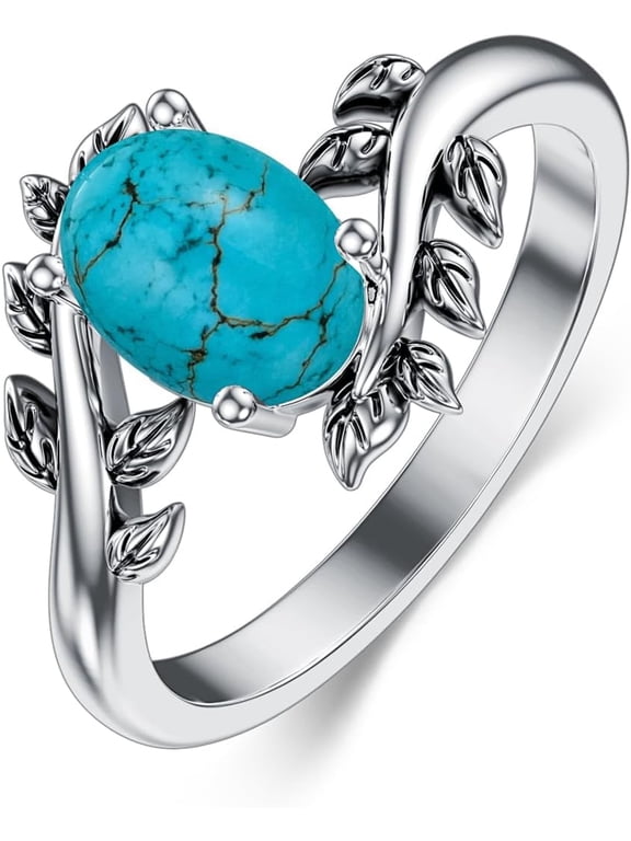 Turquoise Ring for Women 925 Sterling Silver Bohemian Western Oval Leaf Design