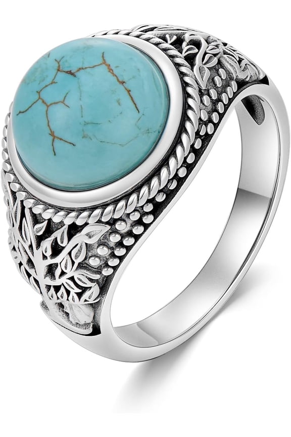 Turquoise Rings for Men 925 Sterling Silver Tree of Life Genuine Round Turquoise Gemstone Ring Jewelry Gifts for Father