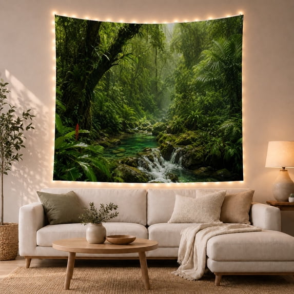 Turquoise River with Waterfalls in Misty Jungle, Calming Digital Art for Nature Lovers, Lush Green Wall Decor, Housewarming Gift, Tapestry Wall Hanging for Bedroom and Living Room