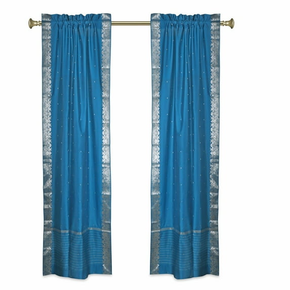 Turquoise Rod Pocket Sheer Sari Curtains w/ Silver Border -60W x 84L-Pair