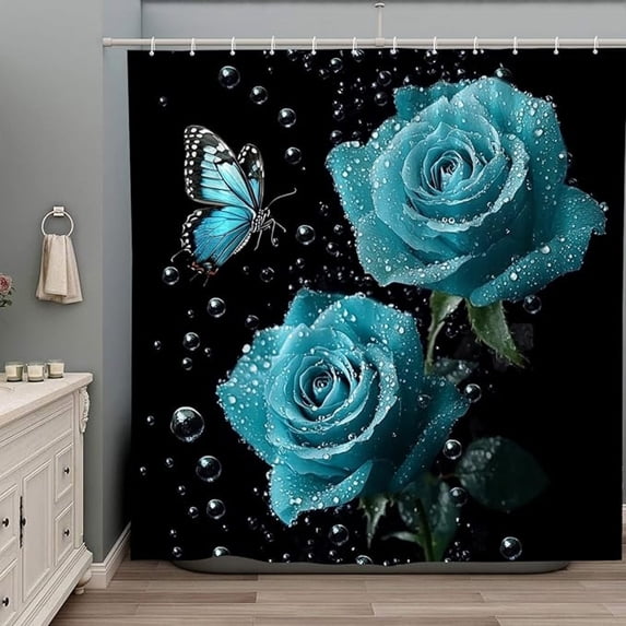 Turquoise Rose Flower Shower Curtain Spring Blossom Teal Floral Butterfly Rustic Plant Romantic Modern Fashion Polyester Bathroom Decor Set With Hooks 65"W x 72"L