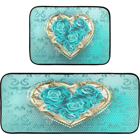 Turquoise Roses Kitchen Mats Flowers Green Teal Kitchen Rugs Runner Laundry Rug Non Slip Floor Door Mats Soft Doormats Carpet Home Decor Set of 2