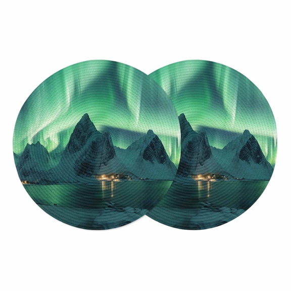 Turquoise Round 15 Inch Placemats Set of 2, Teal Aurora Iceland Scenery Mountain HeatResistant Non Slip Place Mats for Dining Table, Wipeable Braided Kitchen Table Mats for Housewarming