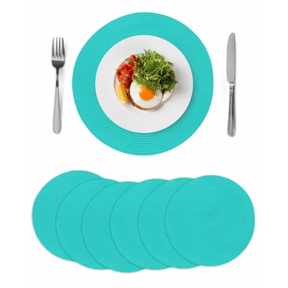 Turquoise Round 15 Inch Placemats Set of 6, Modern Pure Turquoise HeatResistant Non Slip Place Mats for Dining Table, Wipeable Braided Kitchen Table Mats for Housewarming