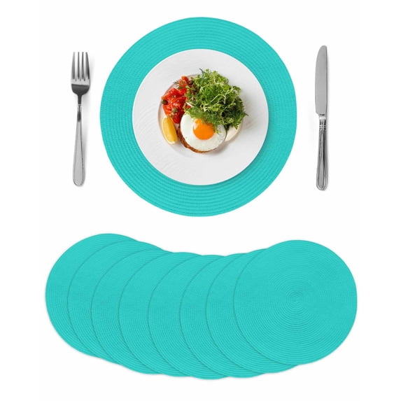 Turquoise Round 15 Inch Placemats Set of 8, Modern Pure Turquoise HeatResistant Non Slip Place Mats for Dining Table, Wipeable Braided Kitchen Table Mats for Housewarming