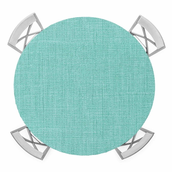 Turquoise Round Fitted Tablecloth with Elastic Edge, Waterproof Table Cloth Table Cover for 36"-44" Tables, Farmhouse Burlap Solid Teal Modern Linen Texture Tablecloths for Dining Picnic Outdoor