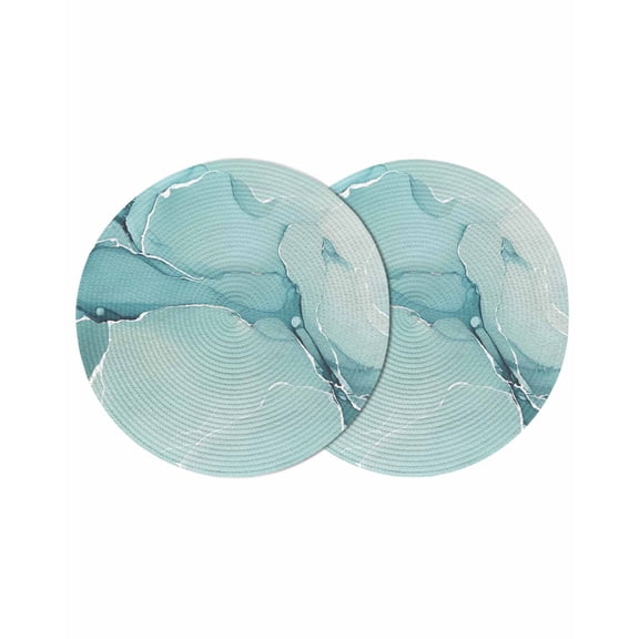 Turquoise Round Placemats Set of 2 for Dinning Tables,Heat-proof Braided Table Mats 13 Inch,Modern Marble Ink Painting Abstract Art Washable Place Mat for Kitchen Restaurant Party Decor Table Setting