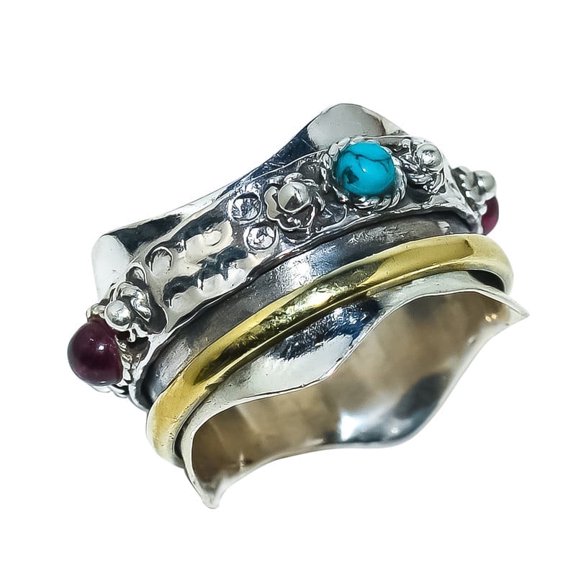 Anika Jewellers Spinner Multi-Color Gemstone Ring 925 Sterling, Sterling Silver
