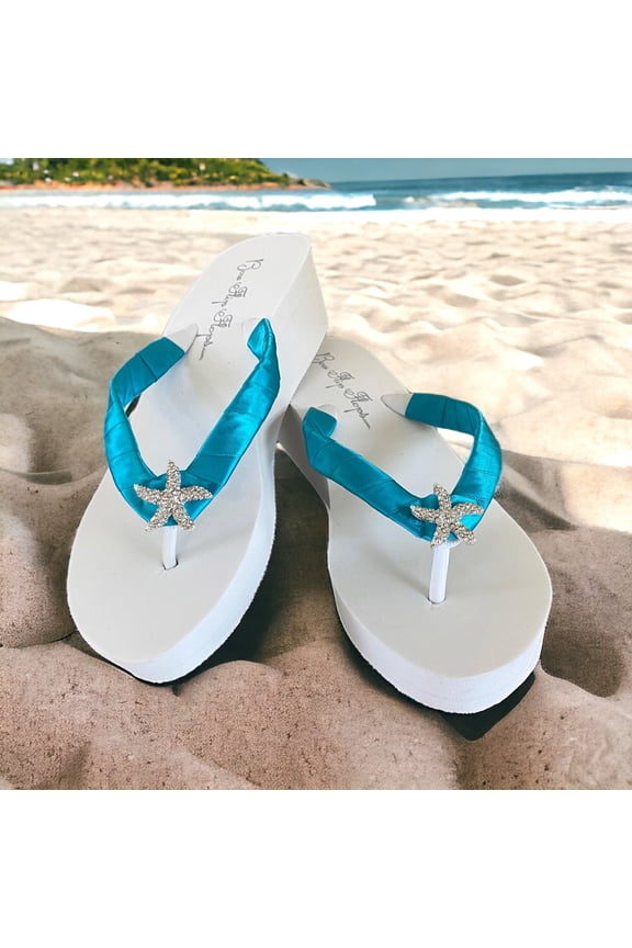 Turquoise Satin Rhinestone Starfish White Flip Flops with 2 Inch Wedge Heel