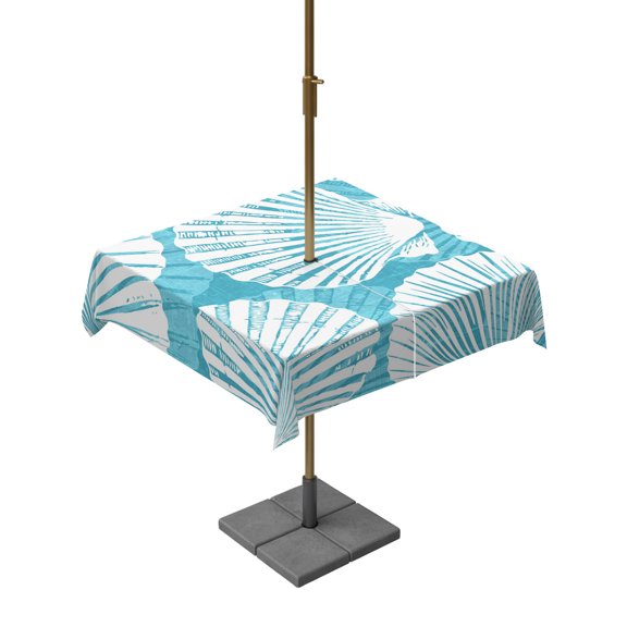 Turquoise Scallop Coastal Table Cloth Rectangle Outdoor Tablecloth, Summer Beach Nautical Waterproof Wrinkleproof Table Cover with Umbrella Hole and Zipper for Party/Dining/Patio/Wedding 54x54 Inch