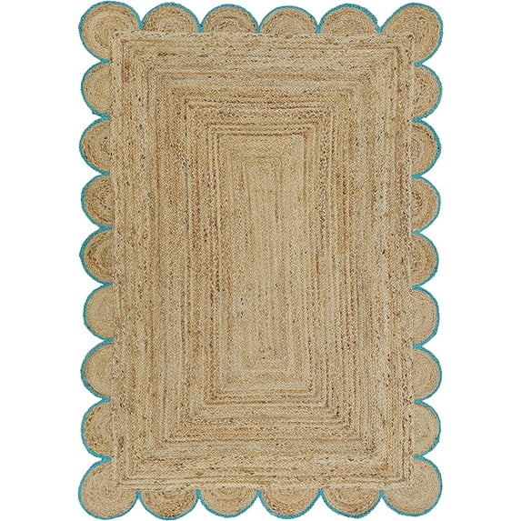 Turquoise Scalloped Natural Jute Area Rug, Natural Red Boho Scallop Colored Trim