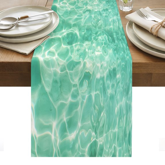 Turquoise Sea Cotton Linen Table Runner Summer Coastal Bright Shallow Water Dining Table Runners for Home Decor Party Dining Room Restaurant Kitchen Party 13" x 60"