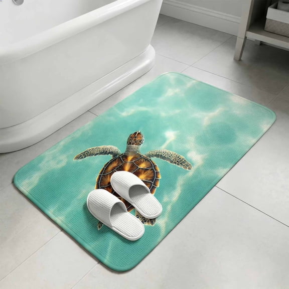 Turquoise Sea Turtle Washable Area Rugs for Living Room Bedroom, Large Non Slip Indoor Floor Carpet Absorbent Low Pile Summer Beach Coastal Ocean Waves Door Mat Rugs for Bathroom Entryway 47.2"x63"