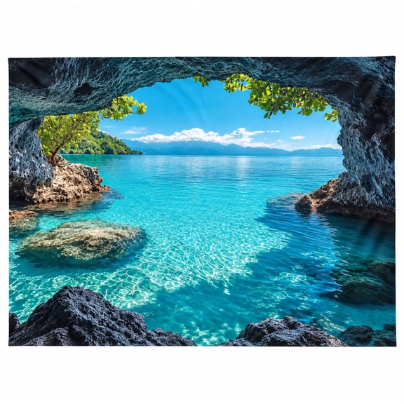 Turquoise Sea and Cave Printed Polyester Backdrop, 210 x 150 cm