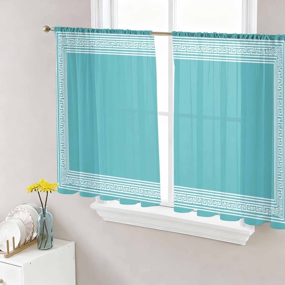 Turquoise Semi Sheer Curtains 54 Inch Length 2 Panels Set, Geometric Boho Ethnic Tile Chic Monochrome Sheer Kitchen Curtain Privacy Voile Window Curtain for Living Room Bedroom Rod Pocket Drapes